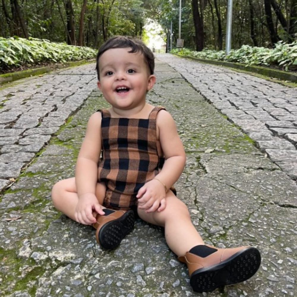 Romper Bebê Xadrez Flanelado Caramelo