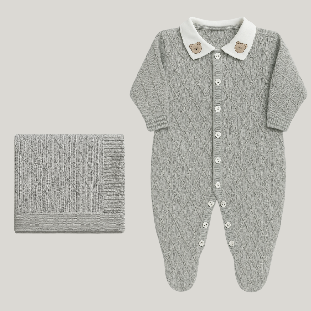 Kit Saída Maternidade Menino Tricot 2 Peças Vintage Bear Cinza