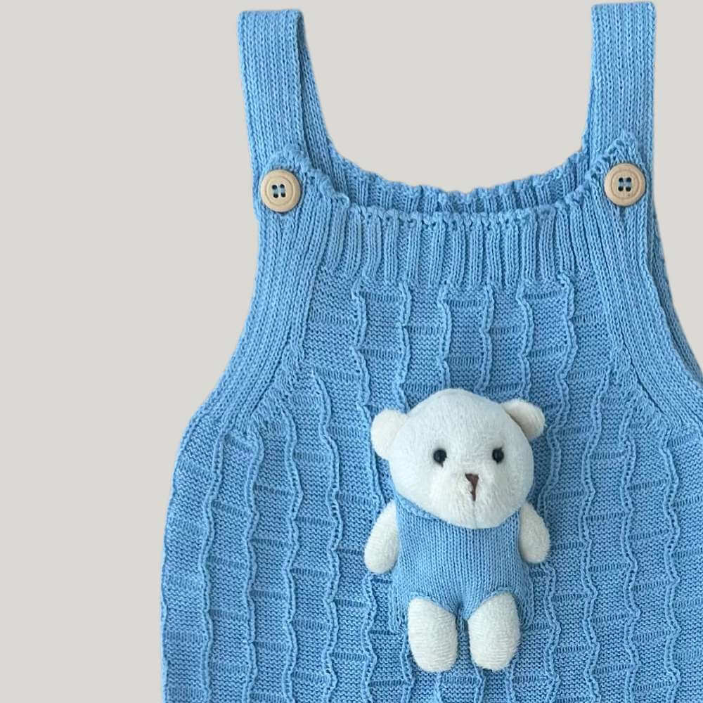 Jardineira Bebê Tricot Ursinho Azul