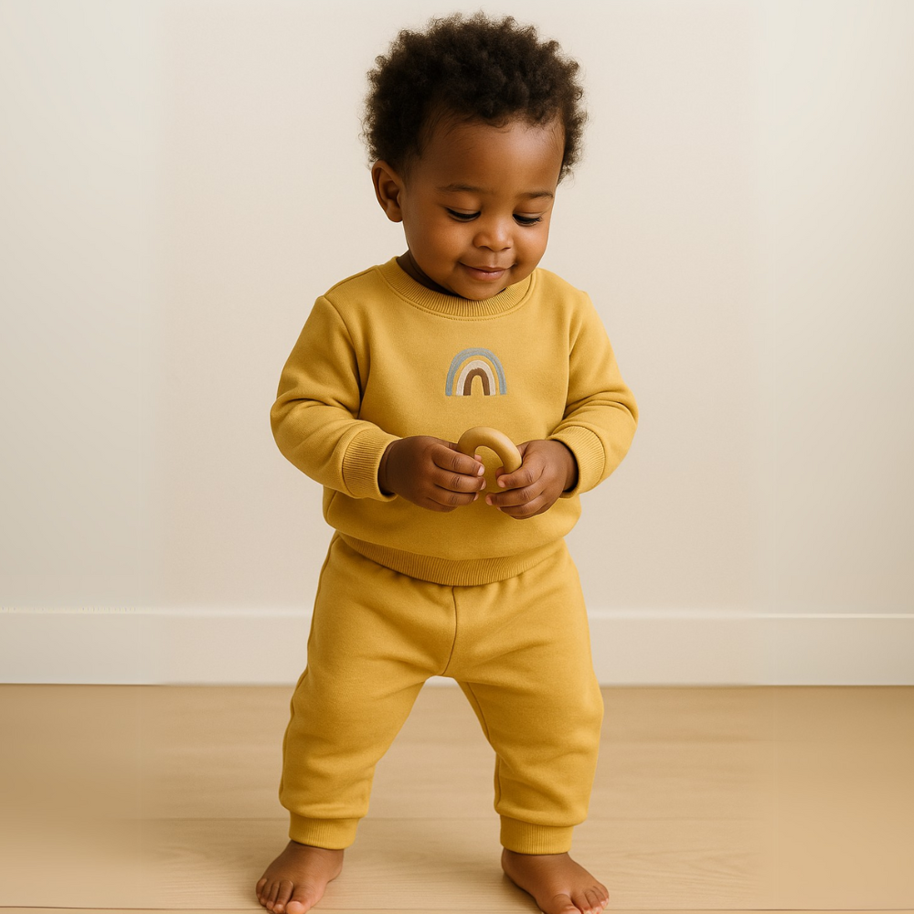 Conjunto Bebê Moletom Peluciado Comfy Rainbow Mostarda