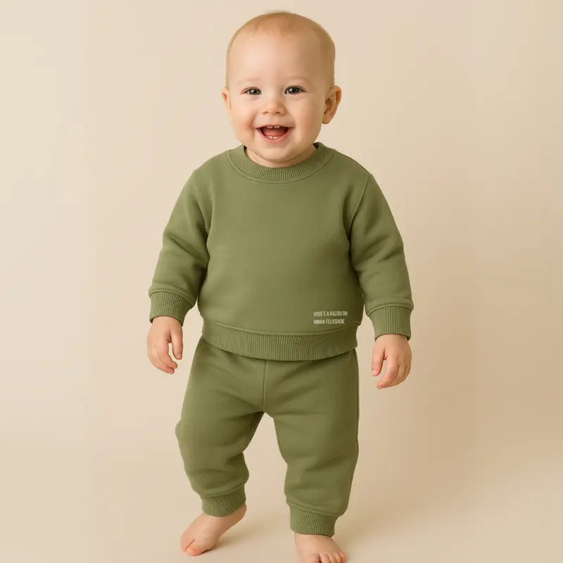 Conjunto Bebê Moletom Comfy Felicidade Verde Musgo