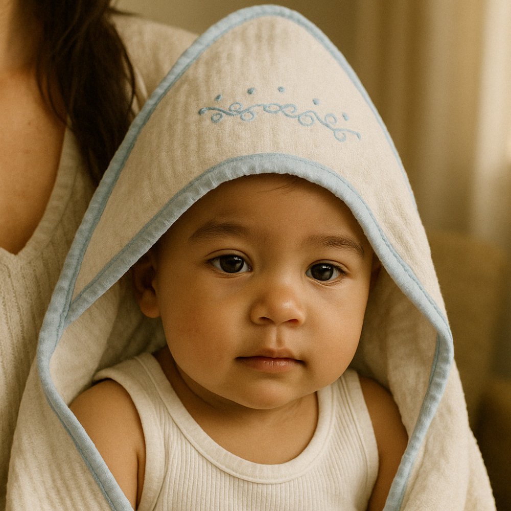 Toalha Bebê Algodão Com Capuz Linho Bordado Blue