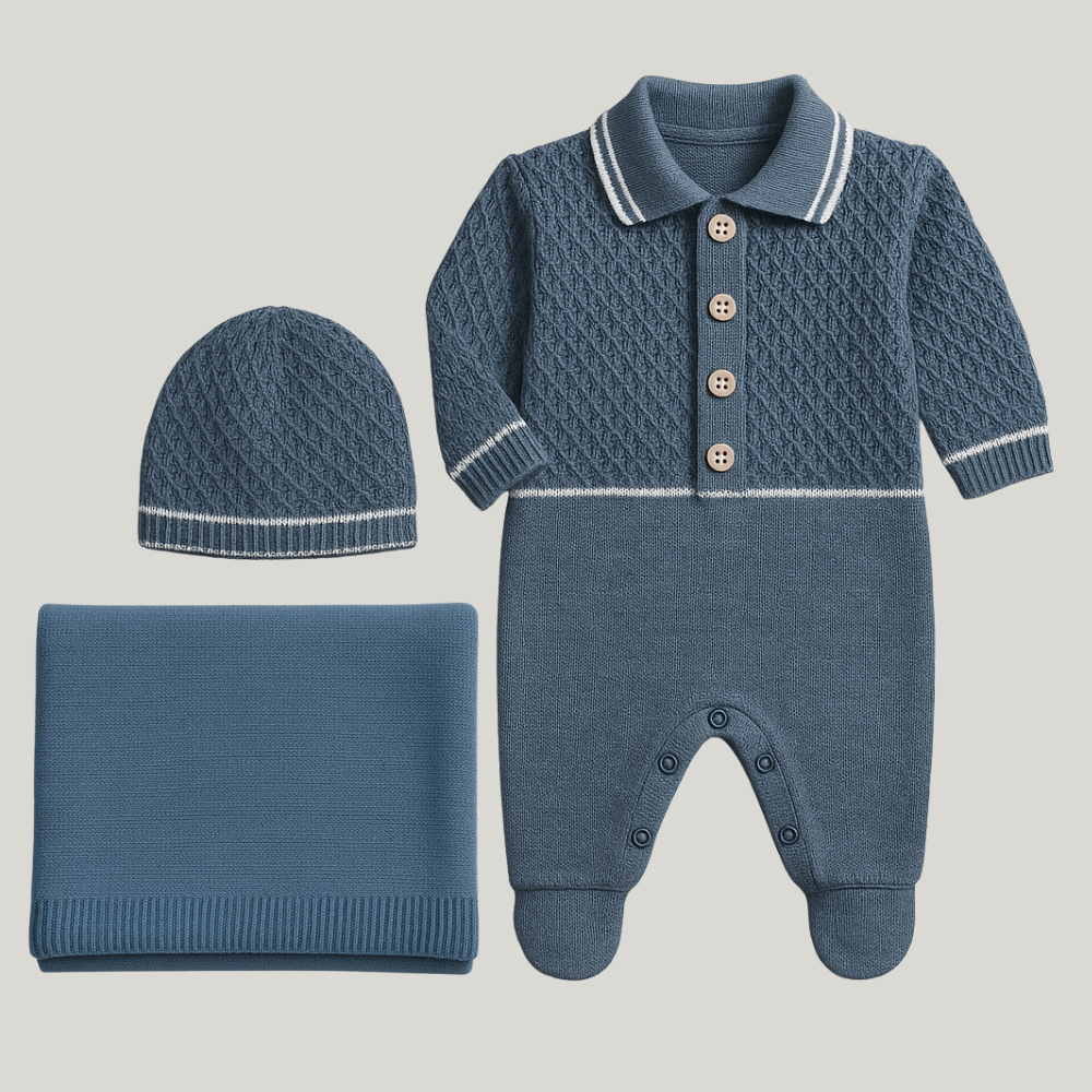 Kit Saída Maternidade Menino Tricot 3 Peças Vicent Blue