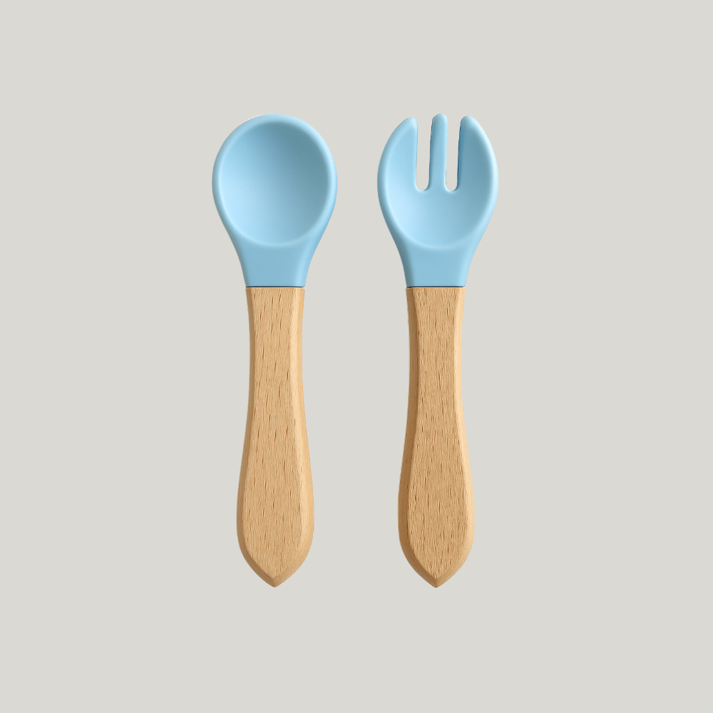 Kit Talher De Silicone Alimentar Garfo Colher Bebê Criança Azul Bebê