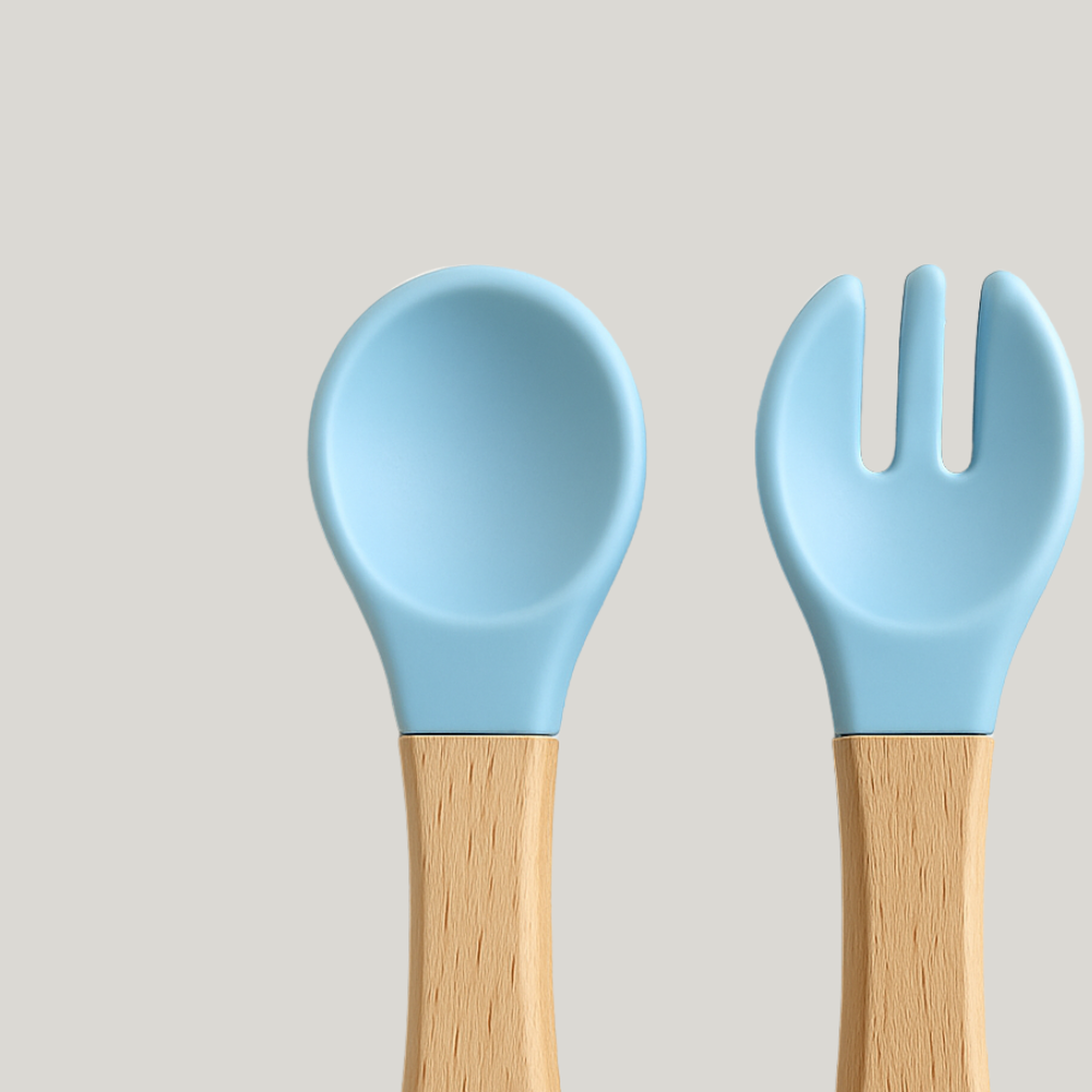 Kit Talher De Silicone Alimentar Garfo Colher Bebê Criança Azul Bebê