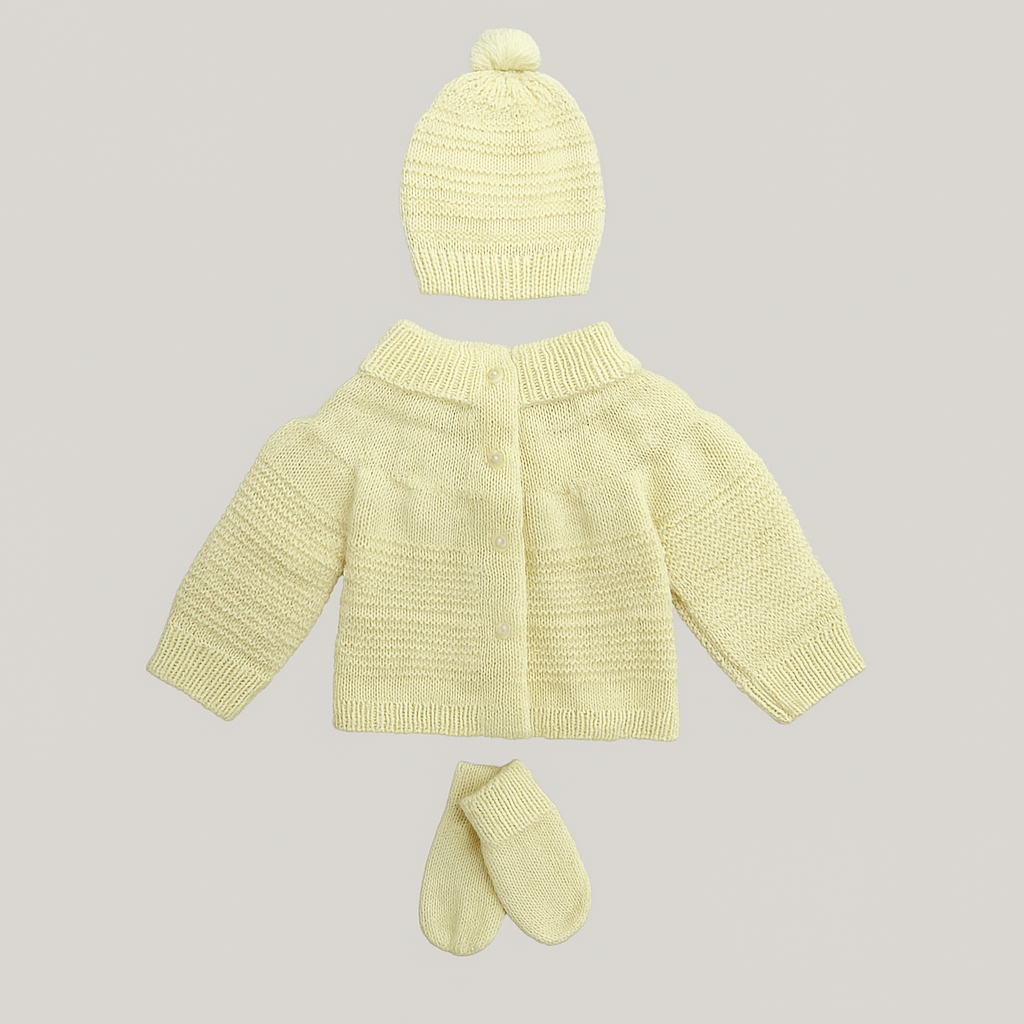 Kit 3 peças bebê Casaco Tricot Gorro E Luva Amarelo