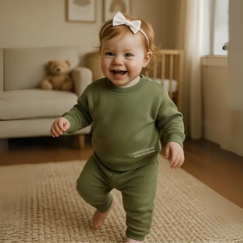 Conjunto Bebe Moletom Comfy Felicidade Verde Musgo