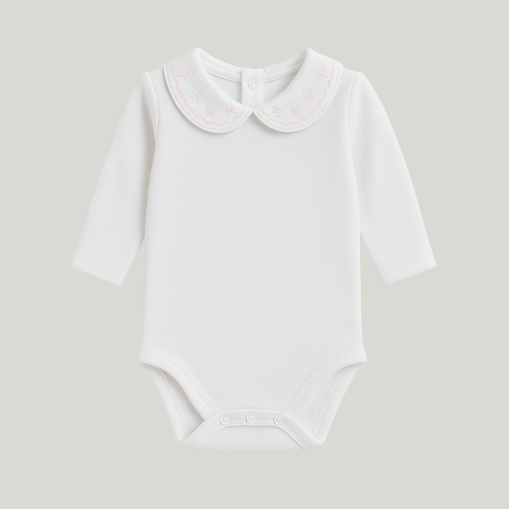 Body Bebê Algodão Gola Bordada Laçinho Rose