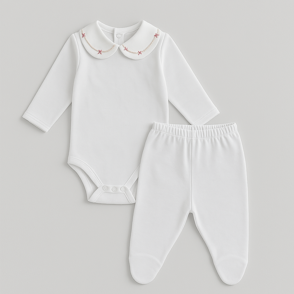 Conjunto Bebê Body Gola Bordada Flower Rose Algodão Pima
