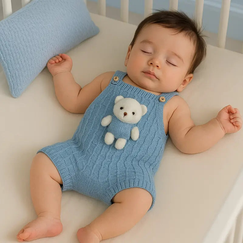 Jardineira Bebe Tricot Ursinho Azul