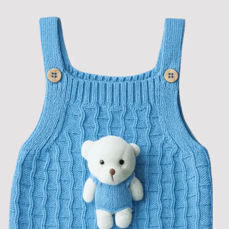 Jardineira Bebe Tricot Ursinho Azul