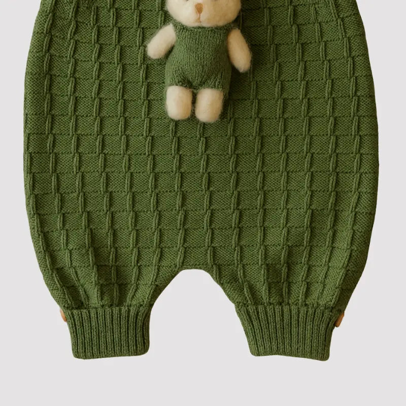 Jardineira Bebê Tricot Ursinho Verde Musgo