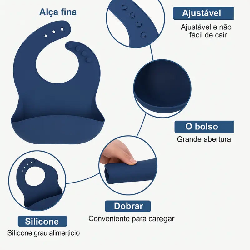 babador de silicone azul marinho com bolso pega migalhas