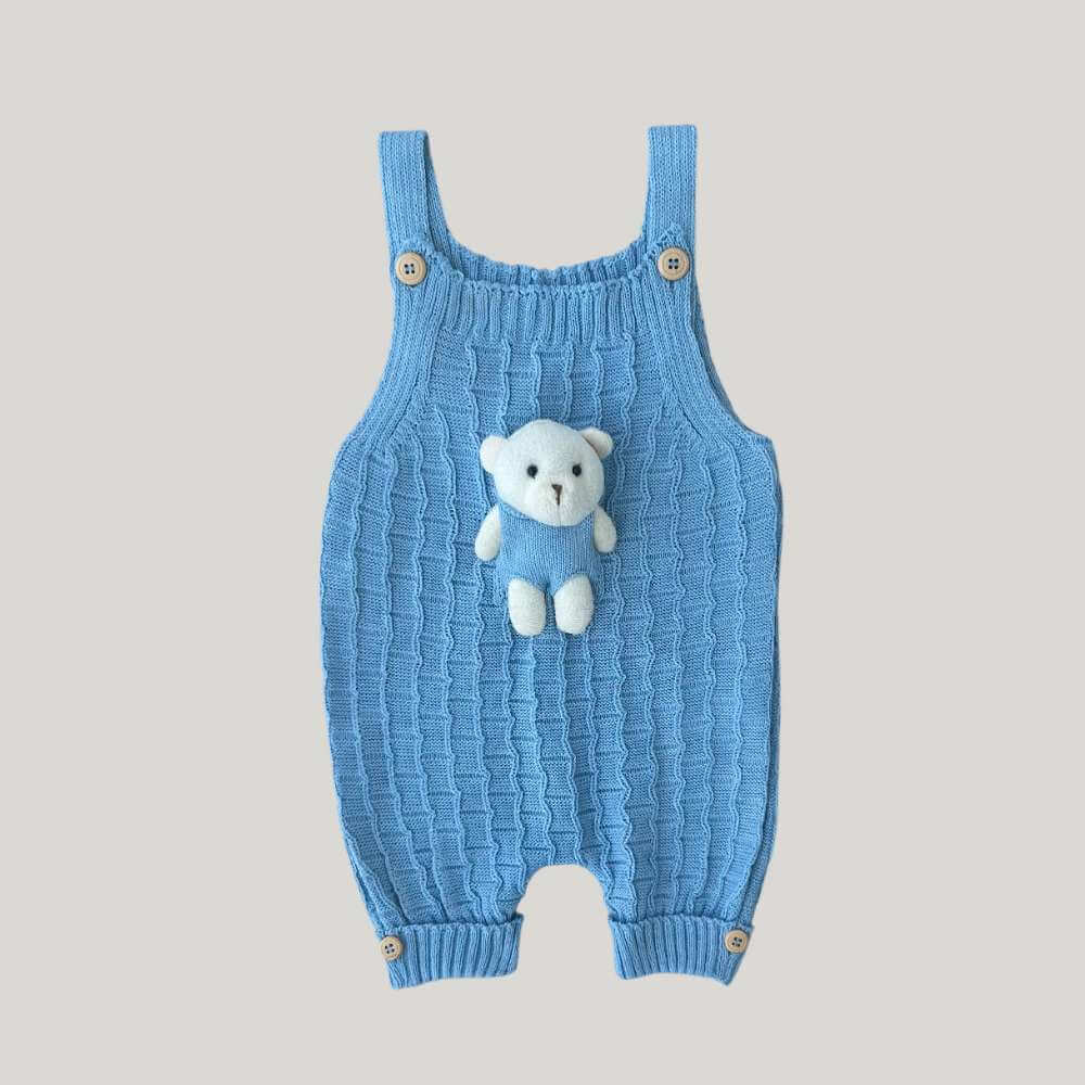 Jardineira Bebê Tricot Ursinho Azul