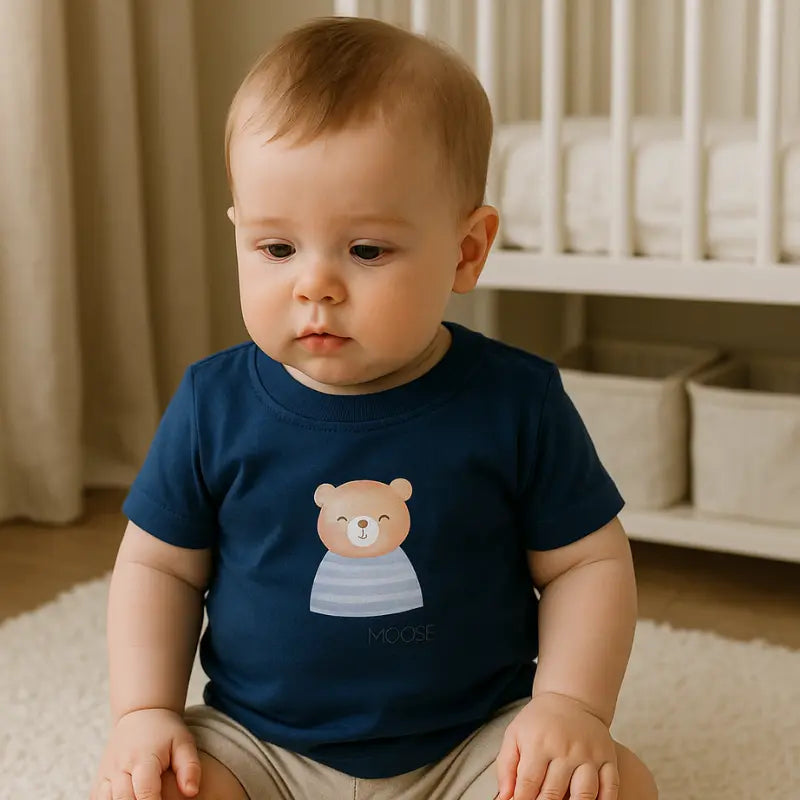 camiseta azul marinho de algodão com estampa de urso para bebê