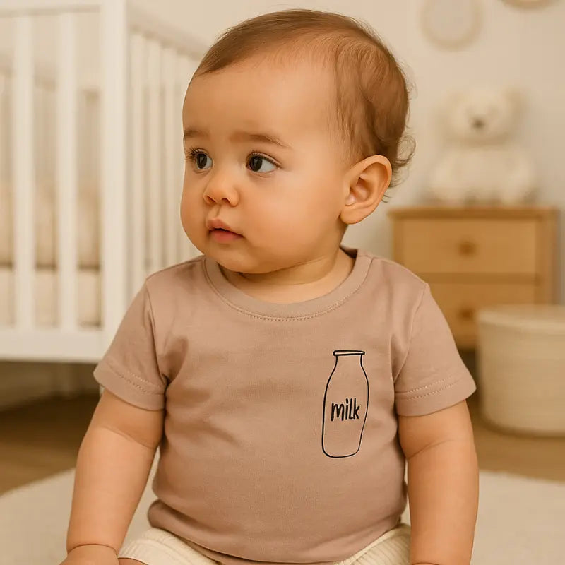 camiseta infantil bege com estampa criativa em algodão