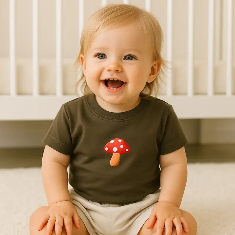 camiseta infantil verde musgo com estampa de cogumelo