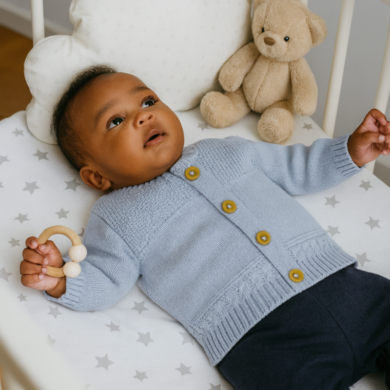 casaco de tricot azul claro para bebê de 3 a 12 meses
