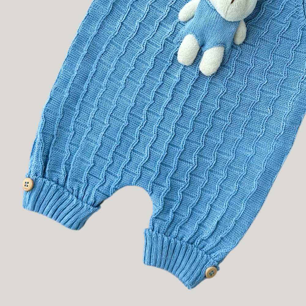 Jardineira Bebê Tricot Ursinho Azul