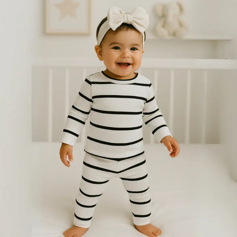 conjunto bebê branco com listras em algodão canelado