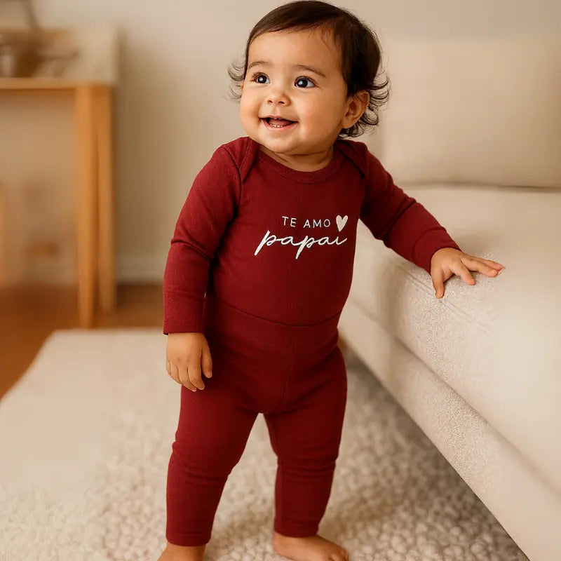 conjunto bebê em algodão orgânico com frase “te amo pai”