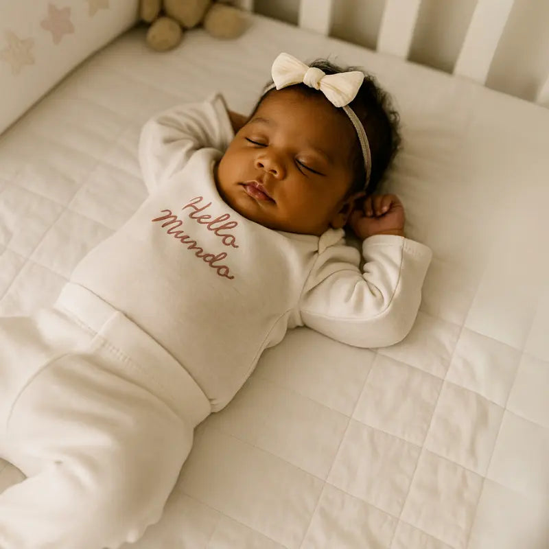 conjunto de algodão orgânico rosa para bebê com frase hello mundo