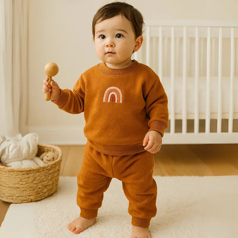 conjunto de moletom mostarda peluciado para bebê