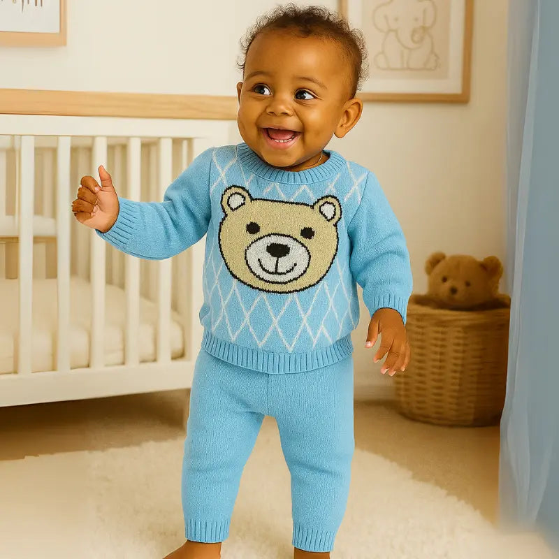 conjunto de tricot azul água para bebê com detalhe de ursinho