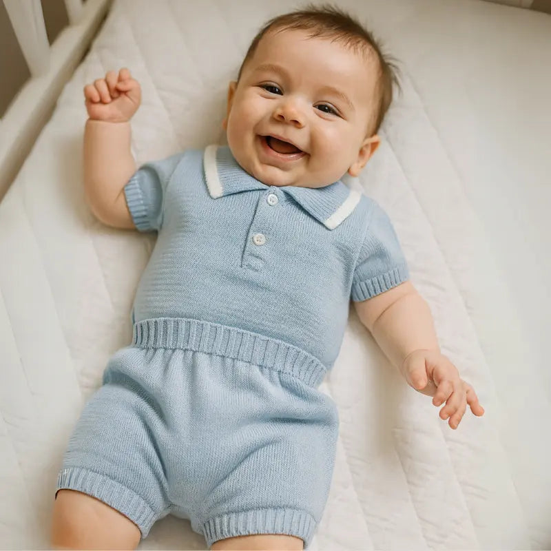 conjunto de tricot azul breeze para saída de maternidade menino