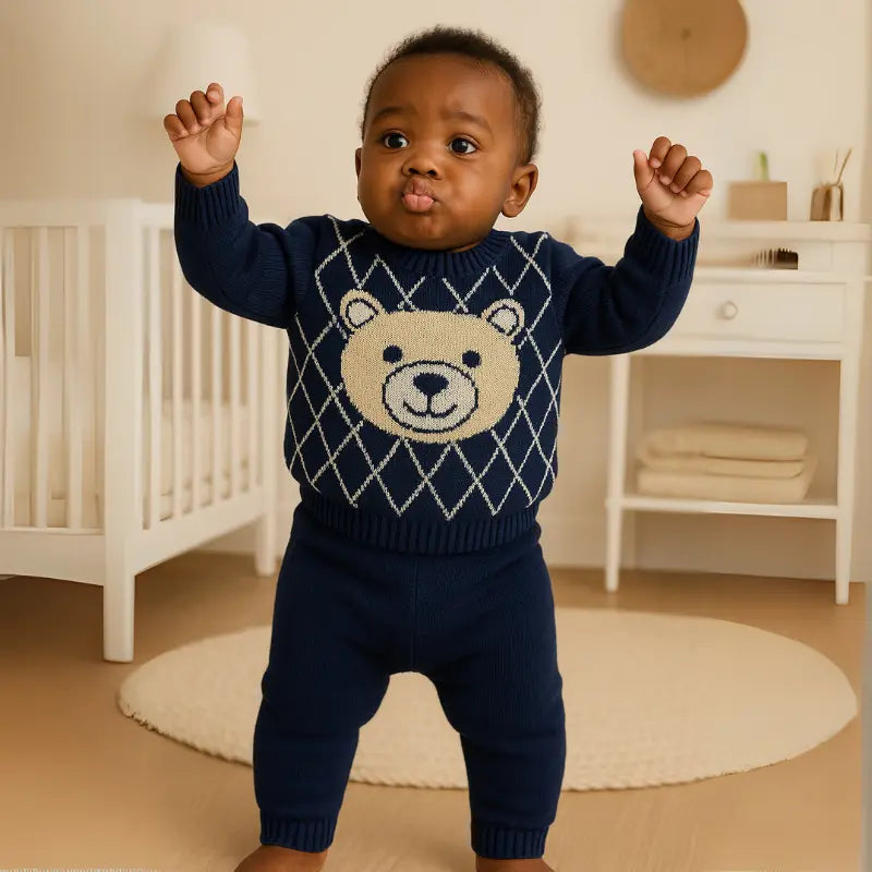 conjunto de tricot azul marinho para bebê de 3 a 12 meses