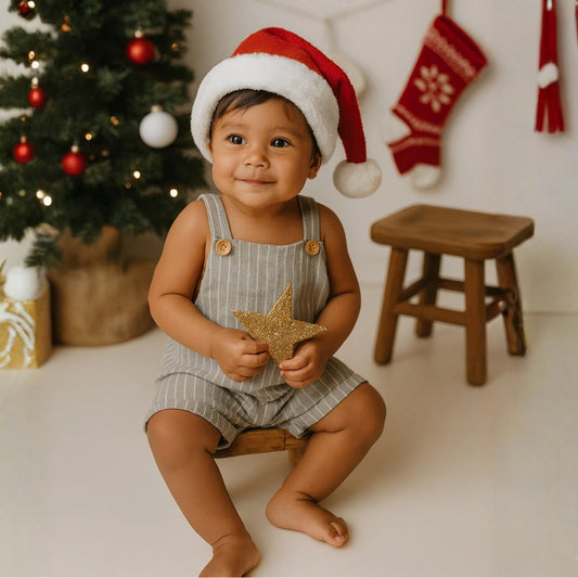 Jardineira Bebê Linho Vintage Listras Verde acizentado