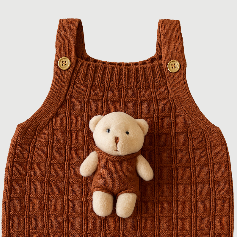 Jardineira Bebê Tricot Ursinho Terracota