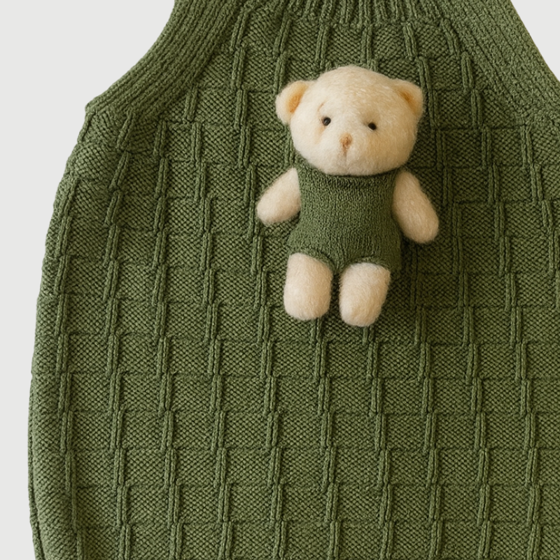 Jardineira Bebê Tricot Ursinho Verde Musgo