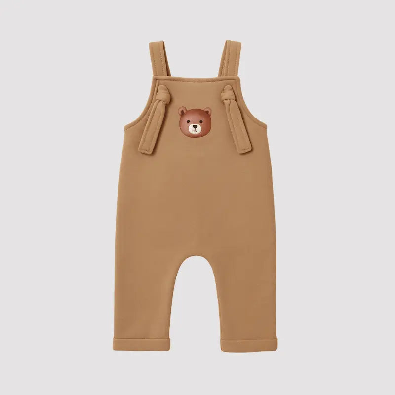 jardineira bebê moletom marrom com estampa de urso