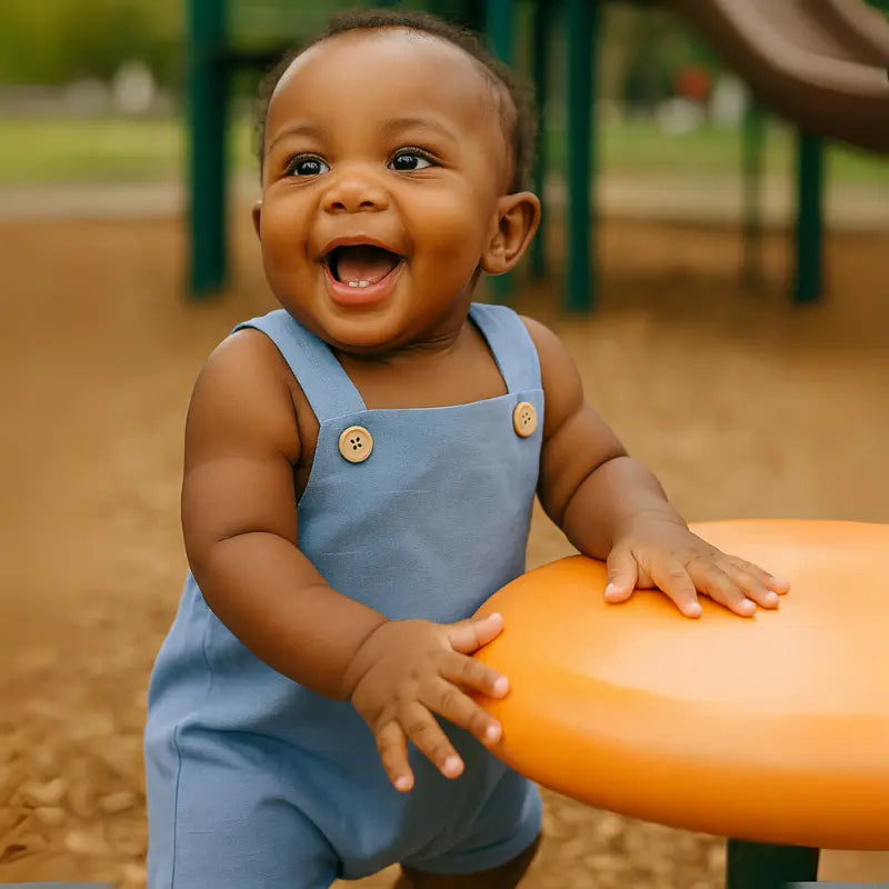 jardineira curta em linho azul para bebê de 3 a 12 meses