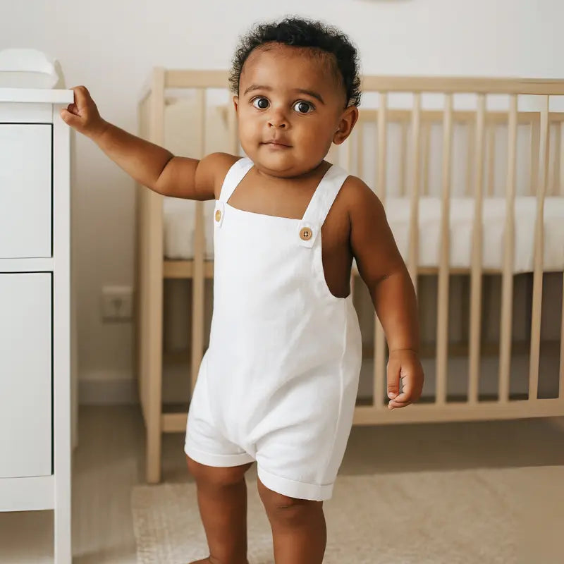 jardineira curta em linho off white para bebê de 3 a 12 meses
