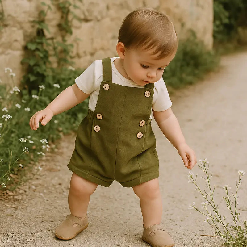 jardineira de linho natural com estilo clássico para bebê