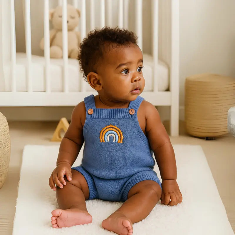 jardineira de tricot azul jeans para bebê com bordado arco-íris