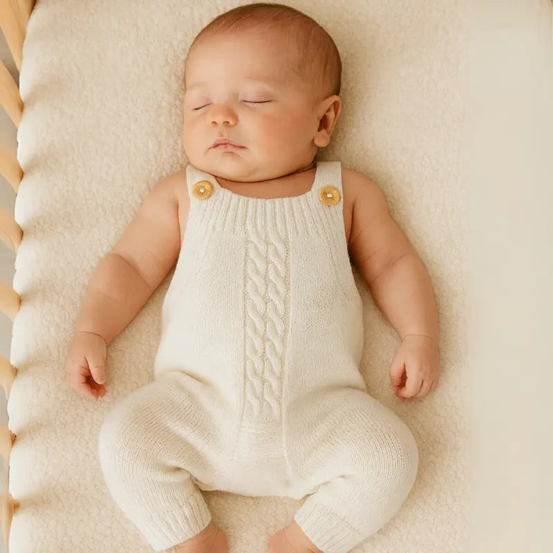 jardineira longa em tricot trança off white para bebê
