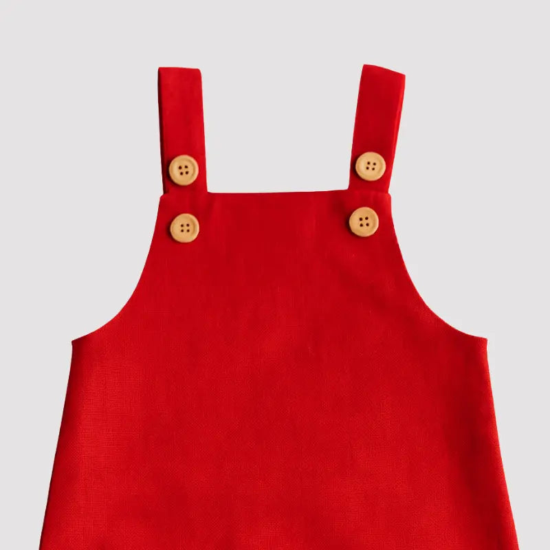 jardineira vermelha de linho para bebê 3 meses a 4 anos