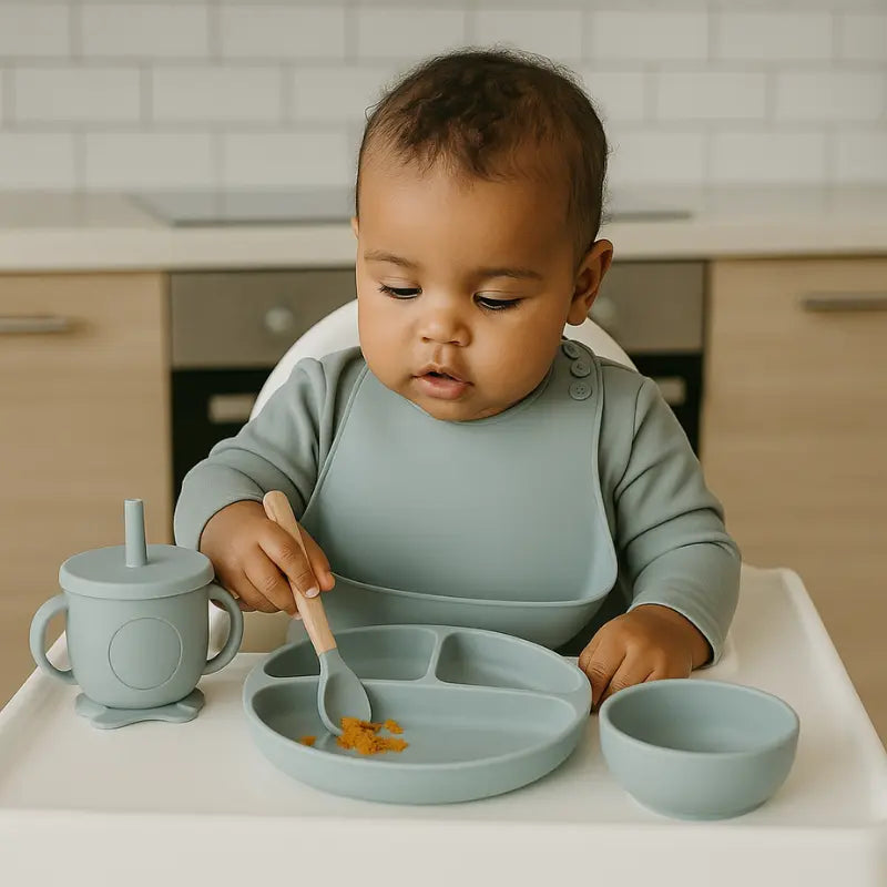 kit de alimentação com 6 peças em silicone cinza para bebê