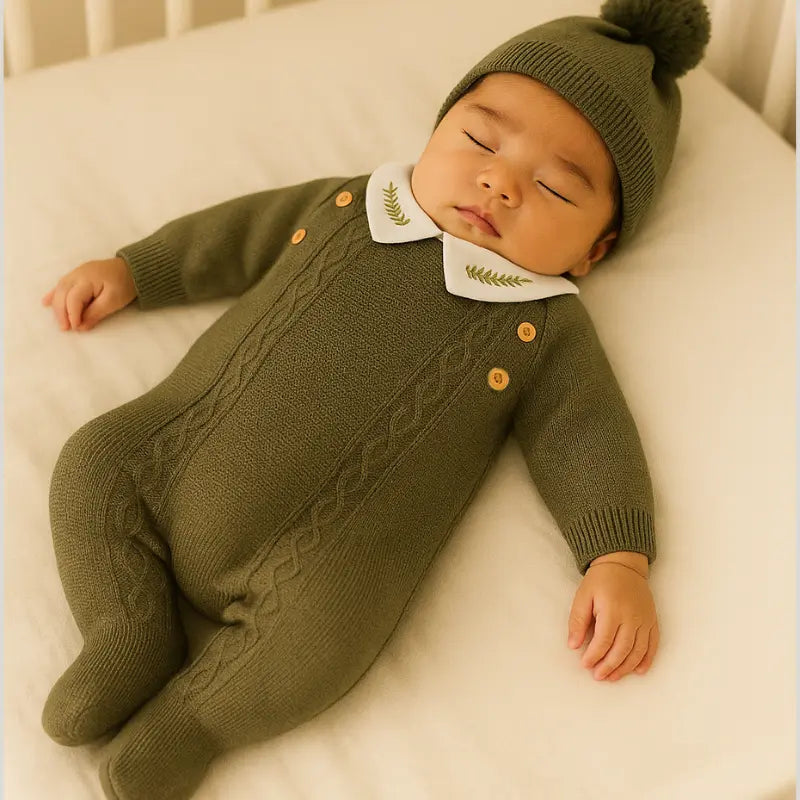 kit saída de maternidade tricot verde musgo para bebê menino