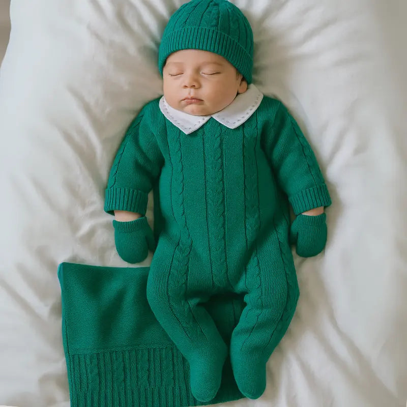 kit saída de maternidade tricot verde para bebê menino