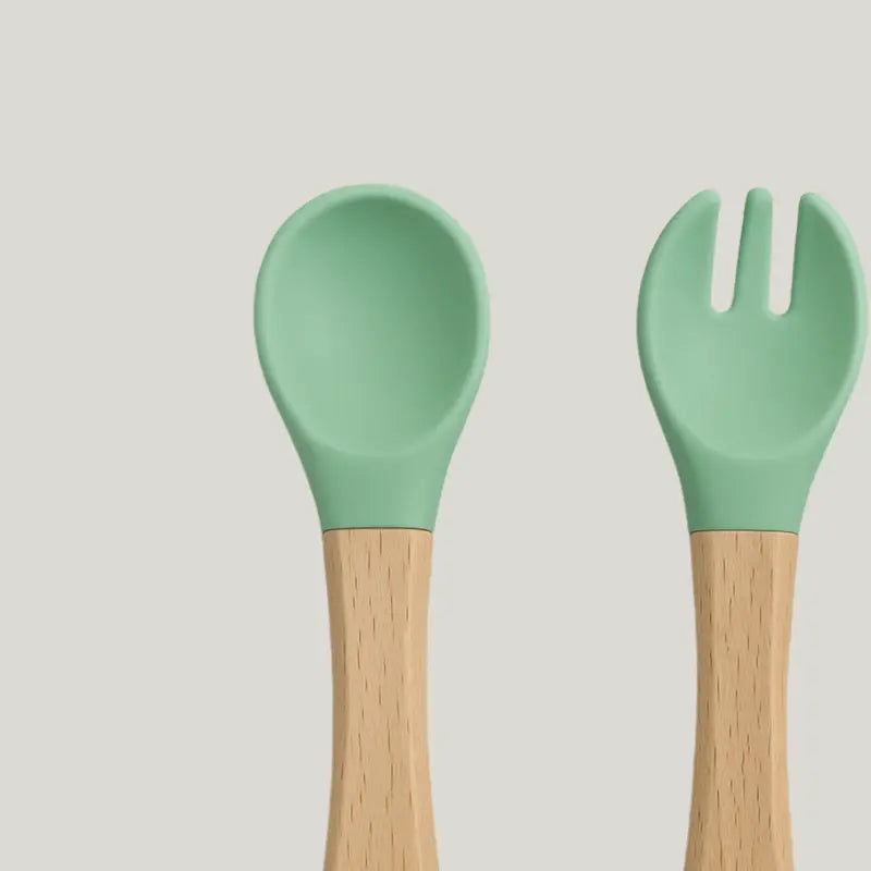 kit talher de silicone verde menta para bebê e criança