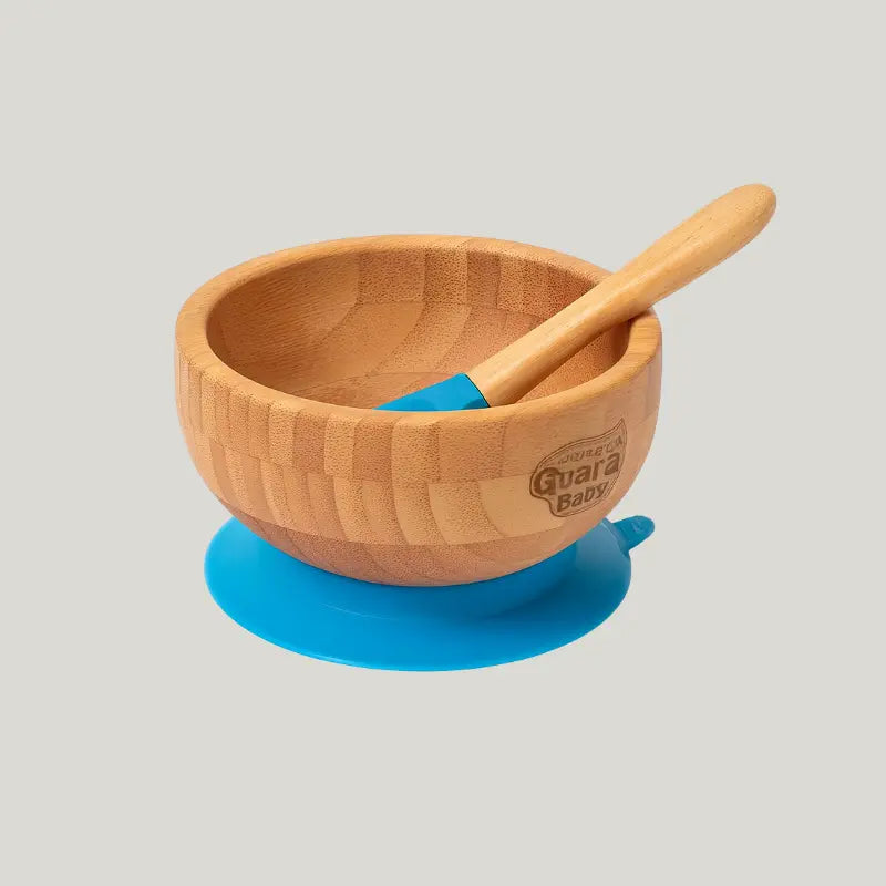 kit tigela bowl com ventosa azul e colher de bambu para bebê