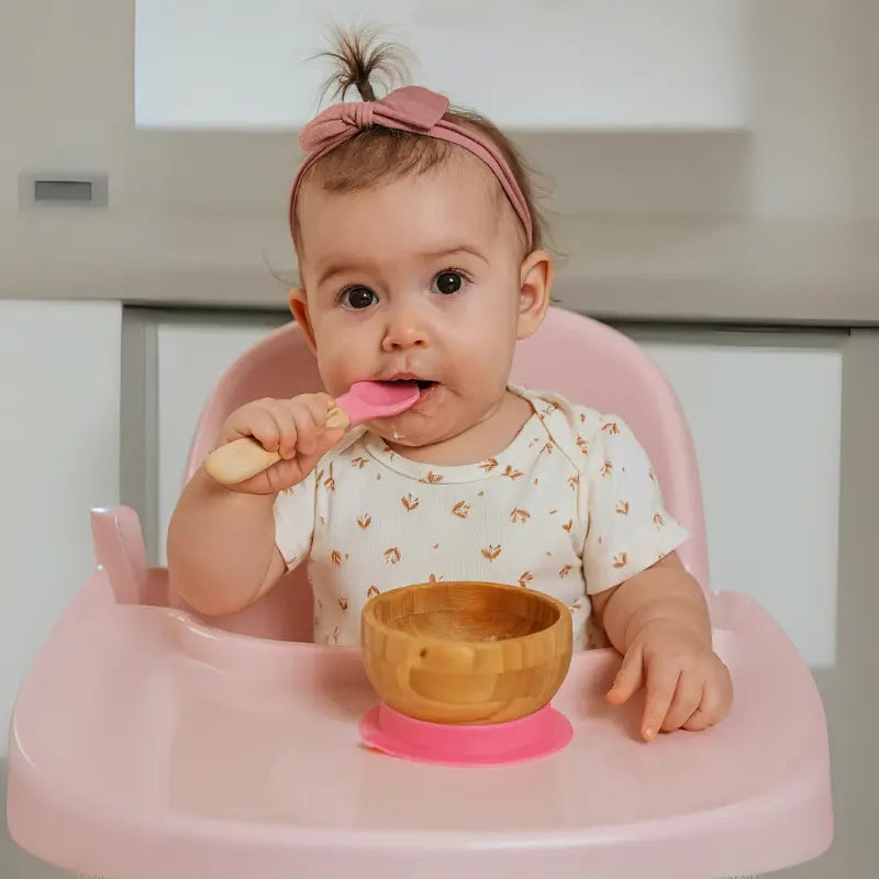 kit tigela bowl com ventosa rosa e colher de bambu para bebê