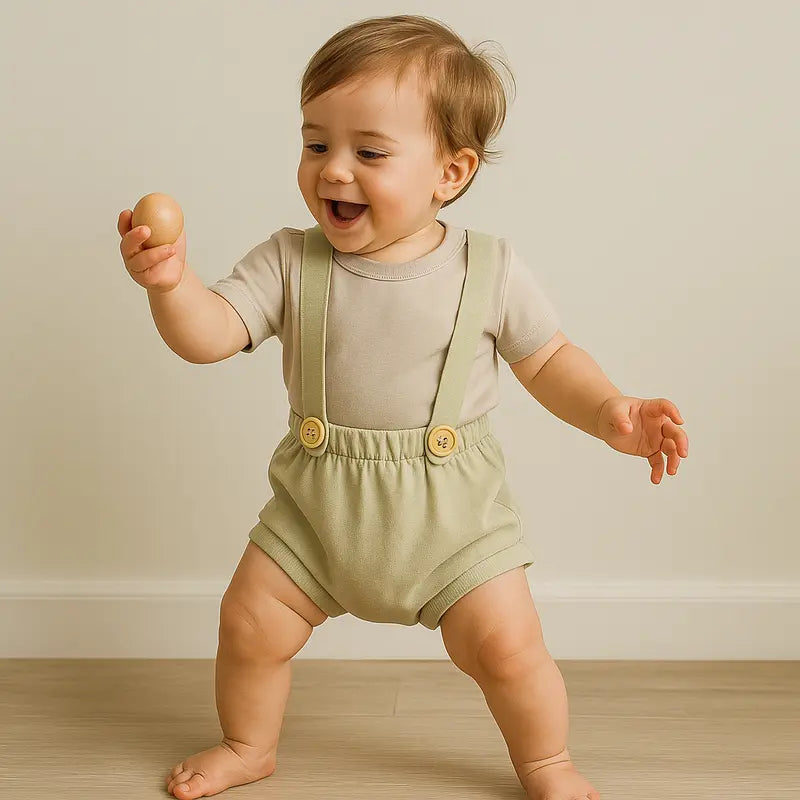 look clássico para bebê com suspensório e tapa fralda