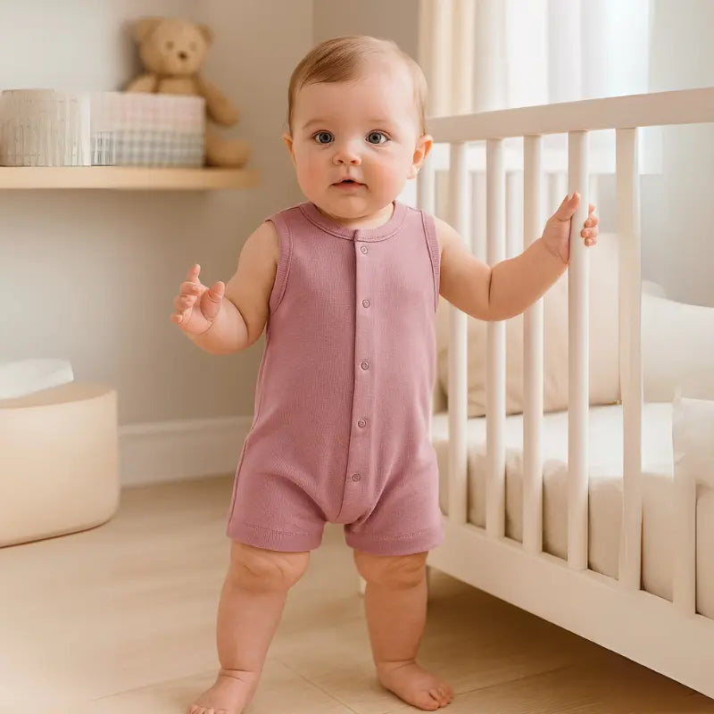 macacão curto para bebê cor marrom rose ideal para o verão