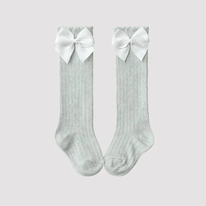 meia bebê algodão cinza com laço 3/4