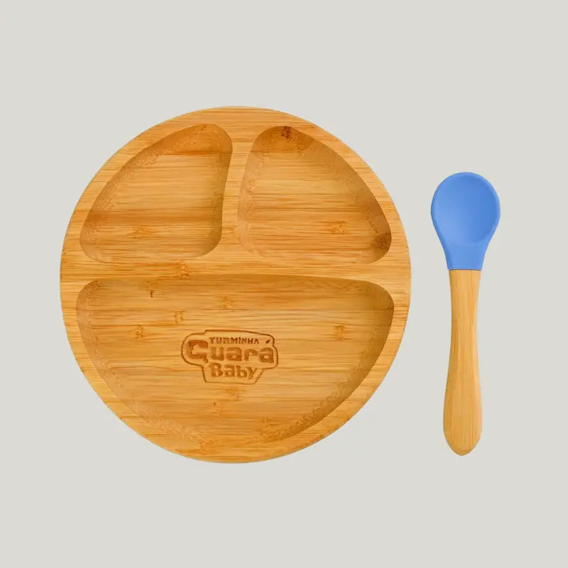 pratinho bebê bambu com ventosa e divisória azul